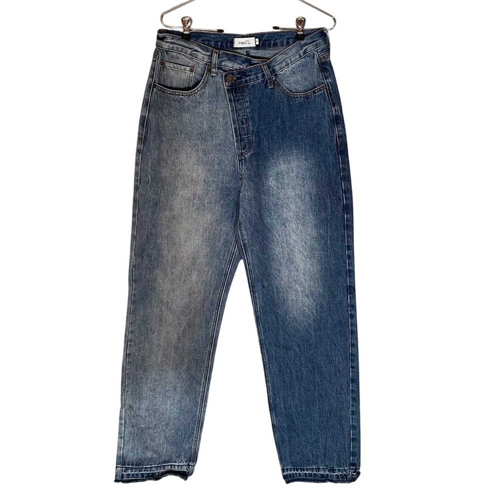 Womens 12 Asymmetrical Crossover Two Tone Blue Straight Leg Jeans Y2K Streetwear